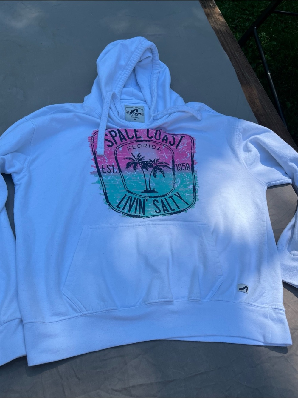 surf style White Hoodie with Pink & Teal Palm Graphic